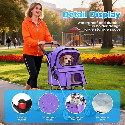 BestOffice Pet Stroller for Small Medium Dogs & Cats, 4-Wheel Foldable Dog Stroller with Cup Holder, Lightweight Travel Carrier, Waterproof Design for Outdoor Walks,Purple