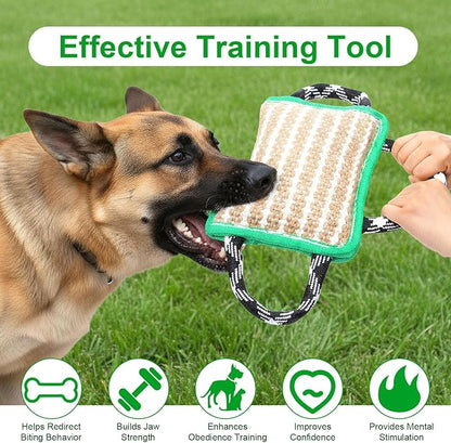 Durable Dog Jute Bite Pillow, 9.8“ x 6.7” Safe Biting Pad with 3 Strong Handles, Safe Tough Jute Tug of War Toy for Medium to Large Dogs Puppy Training, Green