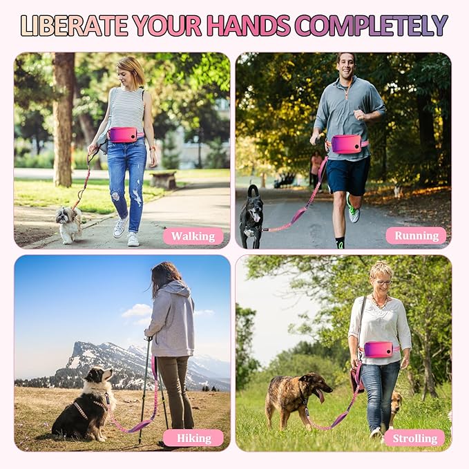 Philorn Hands Free Dog Leash for Dogs with Pouch, Adjustable Waist Leash for Medium Large Dogs Walking, Running, Jogging, Hiking, Dual Handles and Durable Bungee