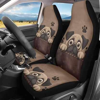 Dreaweet Car Seat Covers for Women Cute Pug Car Accessories Interior 2 Piece Universal Elastic Front Seat Covers for SUV Sedan Washable Vehicle Seat Cover for Carseat Protection