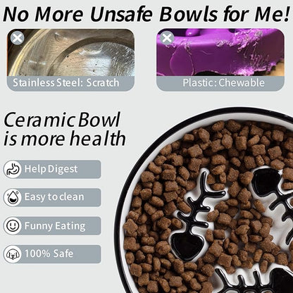 2-Pack Shallow Ceramic Cat Slow Feeder Bowls, Anti-Vomit Food Plates for Whisker Fatigue Relief, Dishwasher Safe, Anti-Acne, Black Chin Prevention, for Dry and Wet Food, Easy Daily Use