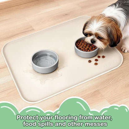 100% Waterproof Silicone Pet Feeding Mat,Warped Resistant Raised Edge BPA-Free Dog Cat Food Mats, Non-Slip Pet Placemat with High Lip to Prevent Spills, Dishwasher Safe, 21.5"x14" Beige