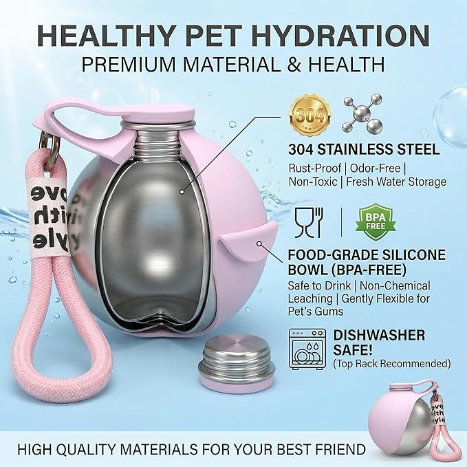 Ball-Shaped Dog Water Bottle, Stainless Steel Portable Pet Waterer with Food-Grade Foldable Silicone Bowl, Leak-Proof & Lightweight Puppy Drinking Flask for Walking, Hiking (A)