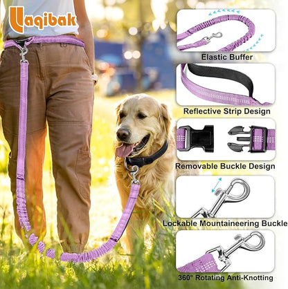Hands Free Dog Leash, Adjustable Waist Leash for Dog, Handle Bungee 4.2-6.7 Feet Long with Reflective Stitches for Walking Hiking Running, Fits 26"- 43" Waist, Light Purple