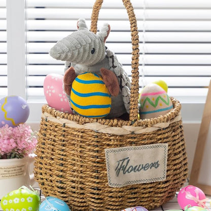 Hollypet Plush Dog Squeaky Toy Stuffed Armadillo Animal Pet Puppy Chew Toys with Clean Teeth for Small Medium Large All Breed Sizes Dogs, Gray, 8 in, Yellow Easter Egg with Blue Stripes
