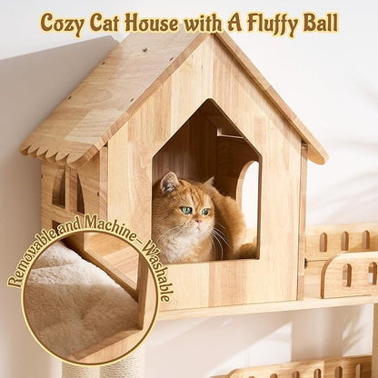 58" Tall&Wide Solid Wood Cat Tree Tower for Indoor Cats, Modern Cat Tree Open-Style Cat Villa Condo with Scratching Posts & Board, Cat Beds, Multi-Level Cat Furniture with Space for Litter Box