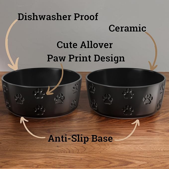 Ceramic Dog Bowl Set of 2 with Anti-Skid Base - 7.5" Wide x 3" Tall Ceramic Dog Bowls for Large Dogs - 6 Cup Capacity Food and Water Bowls for Dogs - Rubber Bottom Pet Bowl Set of 2 for Large Pets