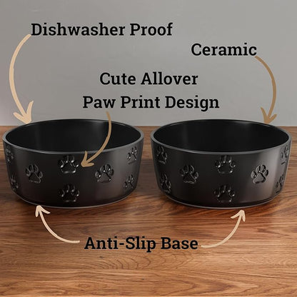 Ceramic Dog Bowl Set of 2 with Anti-Skid Base - 7.5" Wide x 3" Tall Ceramic Dog Bowls for Large Dogs - 6 Cup Capacity Food and Water Bowls for Dogs - Rubber Bottom Pet Bowl Set of 2 for Large Pets