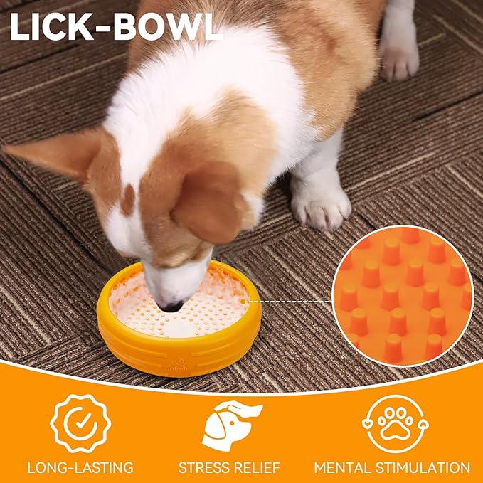 Dog Lick Bowl, Animire Freeze Lick Mat for Dogs, Non-Slip Slow Feeder Licking Bowl Enrichment Treat for Distraction Anxiety Relief, Food Grade Silicone, Dishwasher Safe(Orange,L)