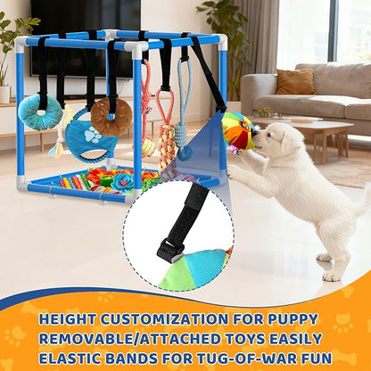 Puppy Play Gym with Snuffle Mat & 8 Hanging Toys Indoor Play Gym Interactive Dog Toys for Boredom Enrichment Activity for Small Dog PVC Frame Stretchy Rope with Velcro (Blue,19.6 x 19.6 x 19.6 inch)