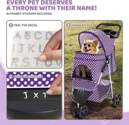 Magshion 3-Wheel Pet Stroller, Foldable Travel Jogger for Small & Medium Dogs & Cats (Up to 33lbs), Lightweight Carrier with Breathable Mesh Cover, Cup Holder & Storage Basket, Purple Polka Dots
