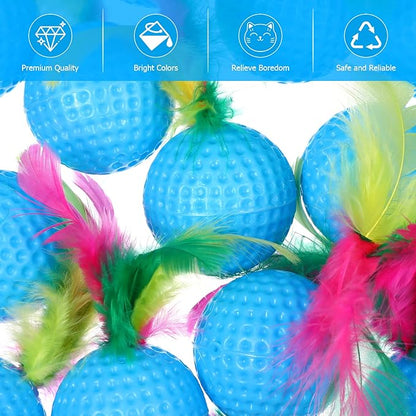 Balacoo 24 Pack Cat Golf Ball Toys with Feather: Interactive Cat Bouncy Balls - Squeaky Kitten Chase Pounce Toys for Exercise Entertainment (Random Color)