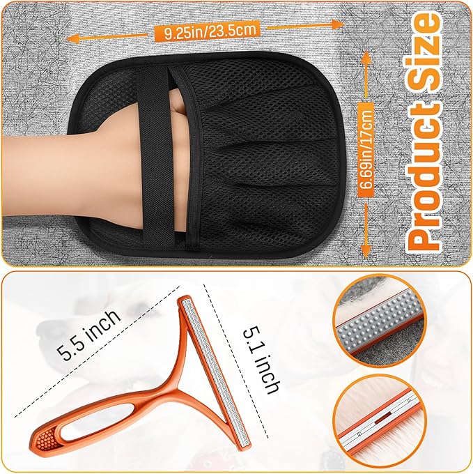 3pcs Pet Hair Removal Set for Dogs & Cats (2 Gloves + 1 Lint Scraper) – Electrostatic Five-Finger Magic Brush for Clothes, Sofa, Carpets, Bedding & Car Mats
