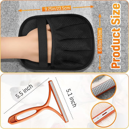 3pcs Pet Hair Removal Set for Dogs & Cats (2 Gloves + 1 Lint Scraper) – Electrostatic Five-Finger Magic Brush for Clothes, Sofa, Carpets, Bedding & Car Mats
