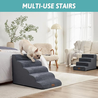 Extra Wide Dog Stairs 19.7" Width, Large Pet Step for Small Medium Dog, Puppy or Cat, Ramp for High Bed or Car, High Density Foam Ladder, Stable, 5 Step, 19.7x33x22.4 in, Charcoal Grey