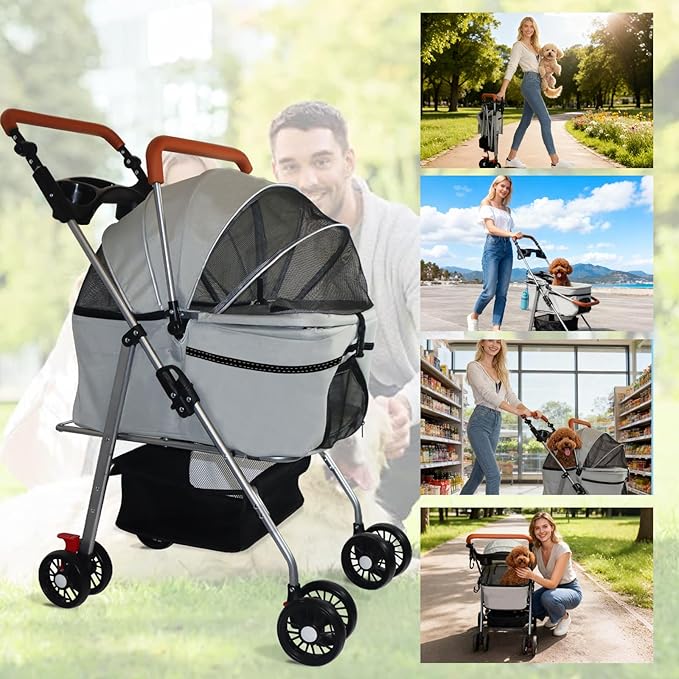 Pet Stroller 5 in 1 Foldable Pet Travel Carrier Absorption System, Dog Stroller for Medium Dogs 20 lbs Detachable Carrier Suitable for Car Seat & Hand Carry Dog Strollers for Small Dogs(Grey)