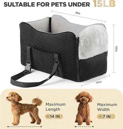 BONTHEE Center Console Dog Car Seat for Small Dogs- Anti-Collapse Design with Soft Plush & Sturdy Support Board, Adjustable Safety Leash for Small Dogs & Cats up to 15 lbs