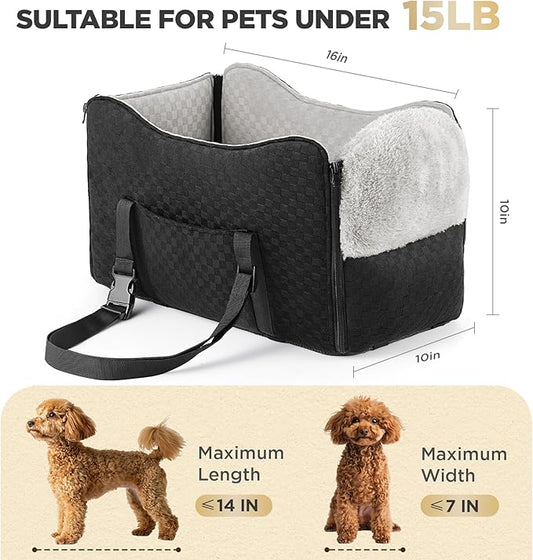 BONTHEE Center Console Dog Car Seat for Small Dogs- Anti-Collapse Design with Soft Plush & Sturdy Support Board, Adjustable Safety Leash for Small Dogs & Cats up to 15 lbs