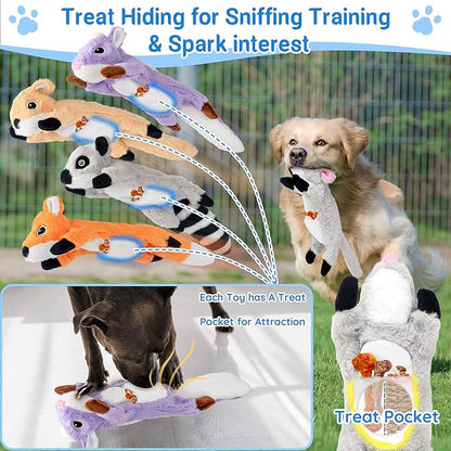 5-Pack Fluff-Free Squeaky Dog Toys - Crinkle No-Stuffing Body & Lightly Filled Head with Treat Hiden Pocket, Dog Toys Bundle for Aggressive Chewers Small Medium Large Dogs to Keep Them Busy