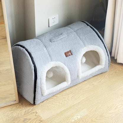 Cat Bed for Indoor Cats，Foldable cat cave，Anti-Slip & Water-Resistant Bottom，cat Houses for Indoor Cats or Small Dogs, Kitten Tent, Rabbit Double Hole Bed:(27.5"×15.3"×15"