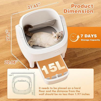 Greesum Self Cleaning Cat Litter Box – Automatic Open-Top Smart Litter Box with App Control, 15L Odor-Sealed Waste Bin, Ultra Quiet 35dB, Multi-Cat & Large Cat Compatible, with Trash Bags & Mat