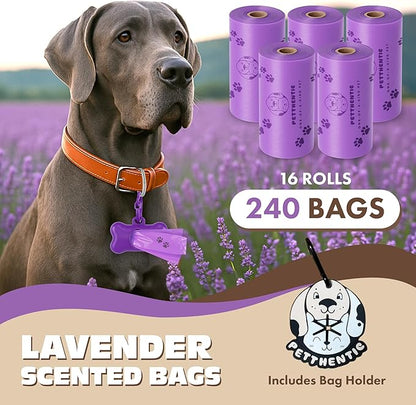 PETTHENTIC Biodegradable Dog Poop Bags with Leash Holder & Dispenser, 240 Count - Lavender Scented, Extra Thick Leak-Proof Cornstarch Waste Bags for Dogs, 16 Rolls, Eco-Friendly Compostable