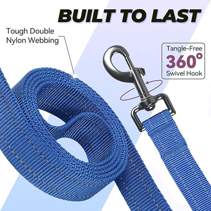 VIVAGLORY Dog Leash Twingrip Double Handle Dog Leash with Traffic Handle Control & 2 Loop for Walking & Training, Reflective Heavy Duty for Puppy Pet Collar, 5ft x 1in, Blue