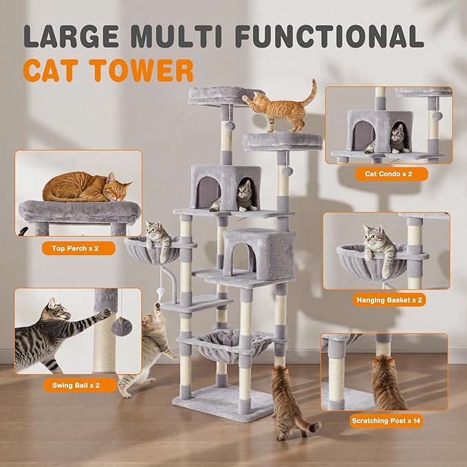 DUMOS Tall 71 inch Cat Tree Tower, Large Multi Level Cat Climbing Tower with Condo, Natural Sisal Scratching Posts, Platform, Hammock, Basket, Pet Tree House for Indoor Cats Play, Light Grey