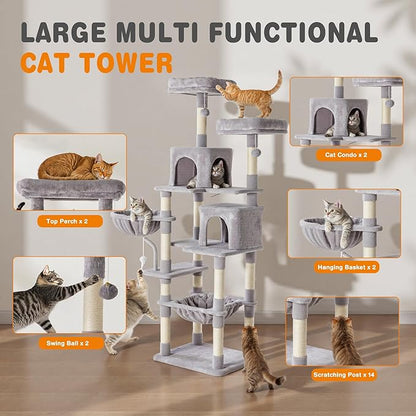 DUMOS Tall 71 inch Cat Tree Tower, Large Multi Level Cat Climbing Tower with Condo, Natural Sisal Scratching Posts, Platform, Hammock, Basket, Pet Tree House for Indoor Cats Play, Light Grey