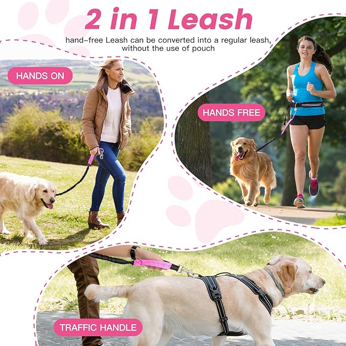 Caudblor Waist Leash for Medium Large Dog Walking, Bungee Hands Free Leash with Zipper Pouch, Around The Waist No Pull Running Dog Belt, Padded Handle Jogging No Hands Heavy Duty