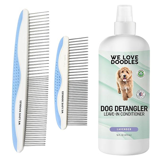 We Love Doodles Dog Comb (2 Packs) & Lavender Detangler Spray 16oz – Pet Grooming Essentials, Stainless Steel Rounded-End Dematting Metal Comb for Dogs, Dog Leave-In Conditioner Spray for Detangling