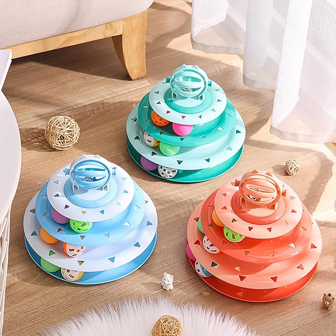 Vealind Cat Toy Roller 4-Level Turntable Cat Toys Balls with 14 Pcs Colorful Pom Pom Balls Interactive Fun Mental Physical Exercise Puzzle Kitten Toys (Orange)