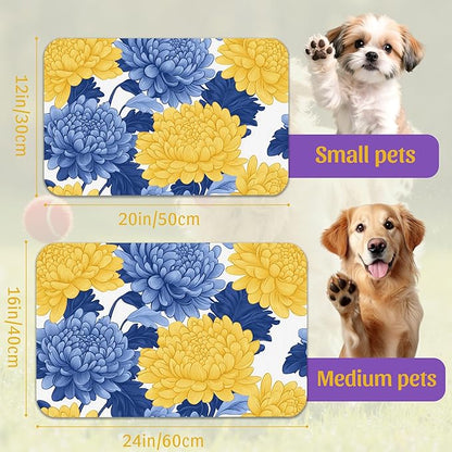 Blue Yellow Flowers Pet Feeding Mat, Quick Dry Absorbent Water Bowl Mat for Dogs and Cats, Anti-Slip Bottom, Indoor Use – 12x20 Inch