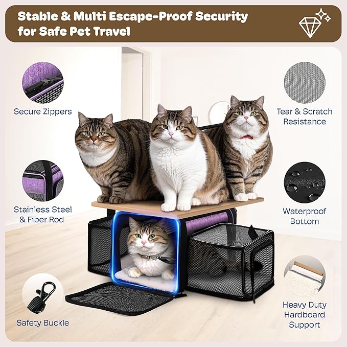Top and 2 Sides Expandable Cat Carrier 18x11x11, TSA Airline Approved Dog Carriers for Small Dogs, Soft-Sided Pet Carrier with Self-Locking Zippers for Kitten,Rabbit, Puppy, Guinea Pig Purple