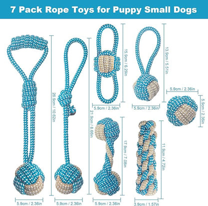 7 Pack Puppy Rope Toys - Variety of Cotton Rope Toys for Small Dogs, Teething, Chewing & Keeping Dogs from Being Bored - Blue