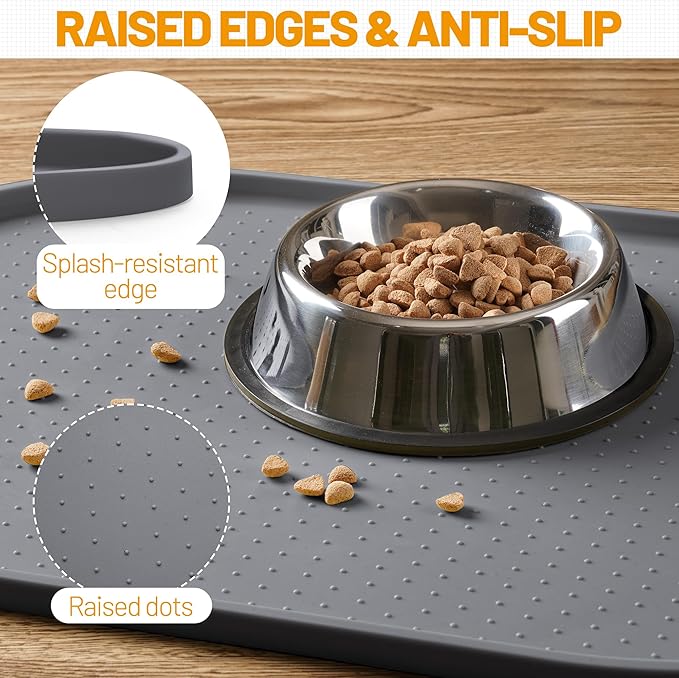 Hubulk 100% Waterproof Silicone Pet Feeding Mat with Raised Edge for Food and Water, Dog Bowl Mats, Cat Bowls Placemat with High Lip Protects Floor for Cats and Dogs (Gray, 19" L x 12" W)