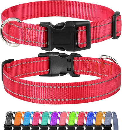 FunTags Reflective Dog Collar, Sturdy Nylon Collars for Medium Girl and Boy Dogs, Adjustable Dog Collar with Quick Release Buckle, Red