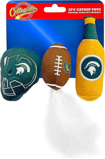 BEST PLUSH CAT TOY: NCAA MICHIGAN STATE SPARTANS Complete Set of 3 piece Cat Toys filled with Fresh Catnip. Includes: 1 Helmet Cat Toy, 1 Football Cat Toy with Feathers & 1 Beer Bottle. With Team LOGO