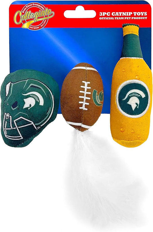 BEST PLUSH CAT TOY: NCAA MICHIGAN STATE SPARTANS Complete Set of 3 piece Cat Toys filled with Fresh Catnip. Includes: 1 Helmet Cat Toy, 1 Football Cat Toy with Feathers & 1 Beer Bottle. With Team LOGO