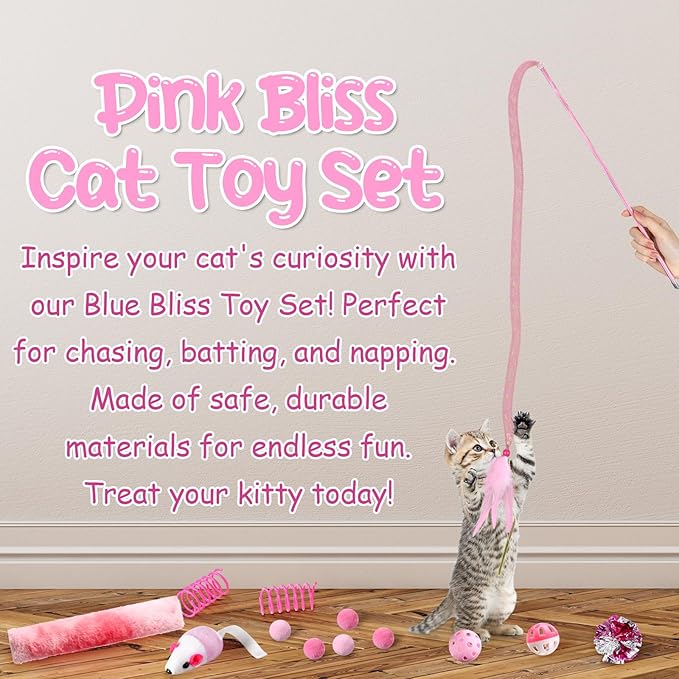 24 Pcs Cat Toys Set Interactive Kitten Toys Pack Including Collapsible Play Tunnel Feather Teaser Wand Fuzzy Ball Springs Pillow Mouse Bells for Indoor Cats Puppy(Pink)