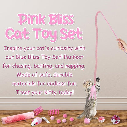 24 Pcs Cat Toys Set Interactive Kitten Toys Pack Including Collapsible Play Tunnel Feather Teaser Wand Fuzzy Ball Springs Pillow Mouse Bells for Indoor Cats Puppy(Pink)