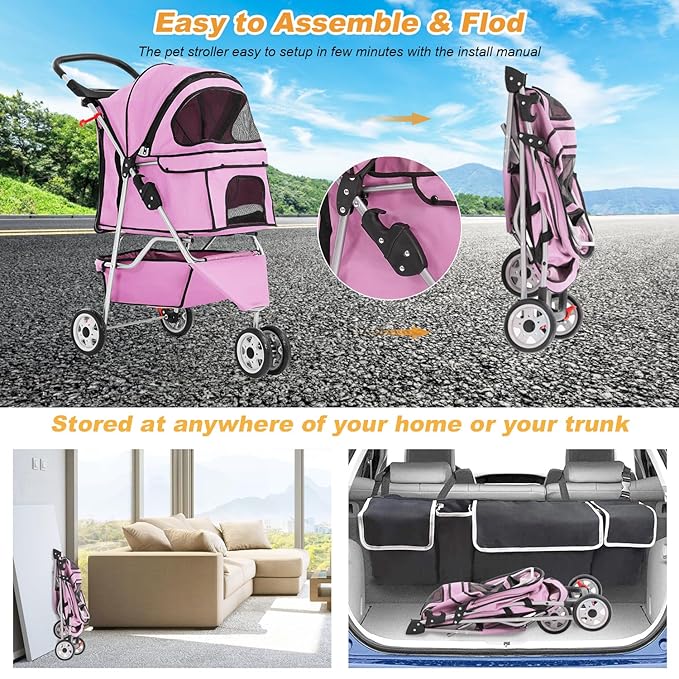 BestPet 3 Wheels Pet Dog Stroller Cat Cage Jogger Stroller Cats Travel Folding Carrier Waterproof with Cup Holder & Removable Liner,Pink