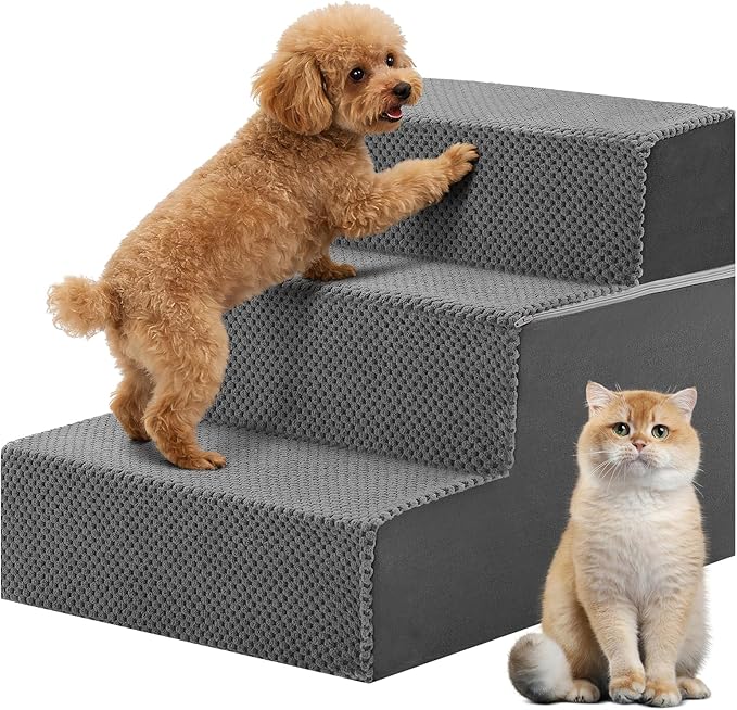 DUMOS Dog Stairs for Small and Medium Dogs, 3-Step Pet Steps with High-Density Foam, Indoor Non-Slip Pet Ramp for Puppy and Older Dogs Cats, Dog Bed Stairs for Couch and Sofa, Grey