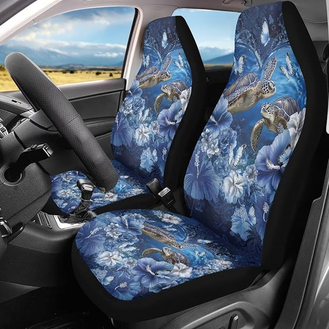 Sea Turtle Car Seat Covers Washable Seat Protector for Women Men Hibiscus Flower Automotive Vehicle Seat Covers for Cars Interior for Cars, Sedans, Trucks, SUVs