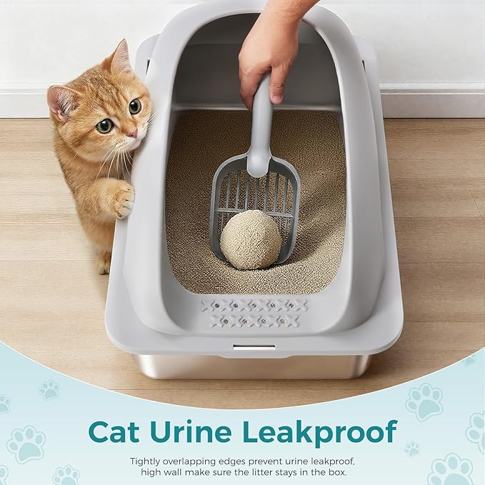 OLIXIS Stainless Steel Cat Litter Box with Lid, Large Cat Litter Box for Big Cats, High Wall Sides, Anti-Urine Leakage, Easy Cleaning, Scoop and Mat Included, Light Gray