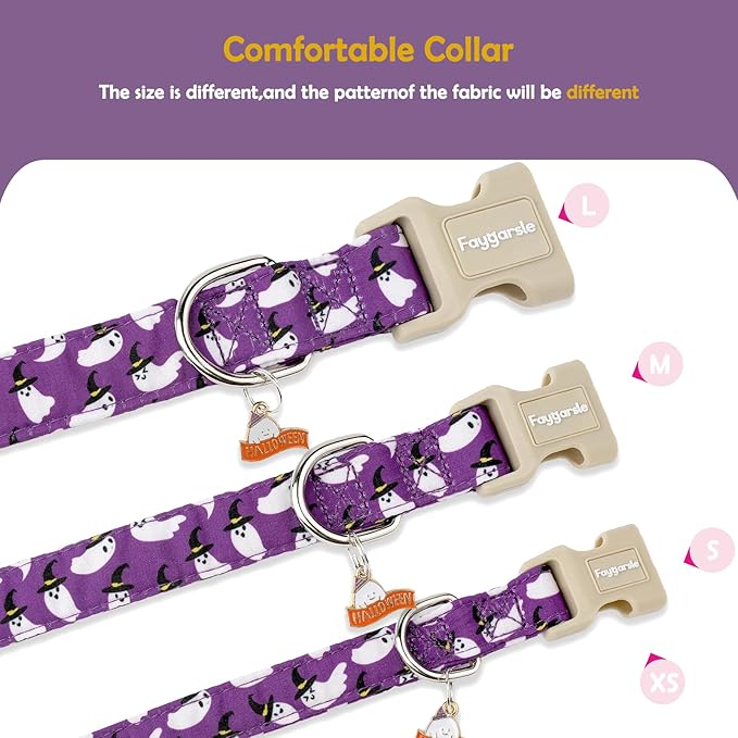 Faygarsle Halloween Dog Collar with Charm, Purple with Ghost Pattern, Adjustable Pet Collar for Small Medium Large Dogs S