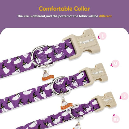 Faygarsle Halloween Dog Collar with Charm, Purple with Ghost Pattern, Adjustable Pet Collar for Small Medium Large Dogs L