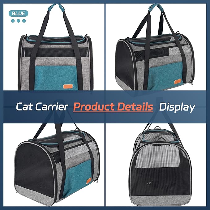 Large Cat Carrier for Cats 20 lbs, Soft Sided Breathable Mesh Travel Carrier, Airline Approved, Washable Pet Carrier for Small Dogs Puppies, Foldable, Blue