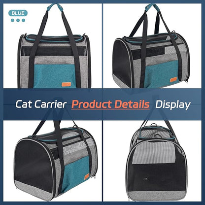 Large Cat Carrier for Cats 20 lbs, Soft Sided Breathable Mesh Travel Carrier, Airline Approved, Washable Pet Carrier for Small Dogs Puppies, Foldable, Blue