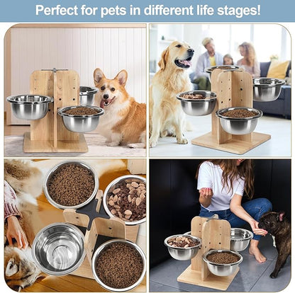 handrong Elevated Dog Bowls,4 Heights Raised Dog Bowl,4 Dogs Bowls Elevated,Wood Dogs Food Bowl,4 Sided Pet Feeding Station for Small,Medium Large Sized Pet-47.3oz